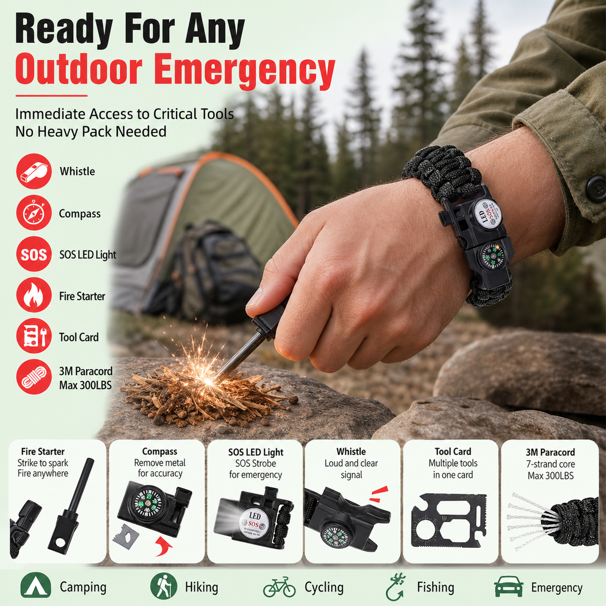 Multifunctional survival bracelet (includes fire starter, whistle, compass, LED light, and tool card), 2PCS