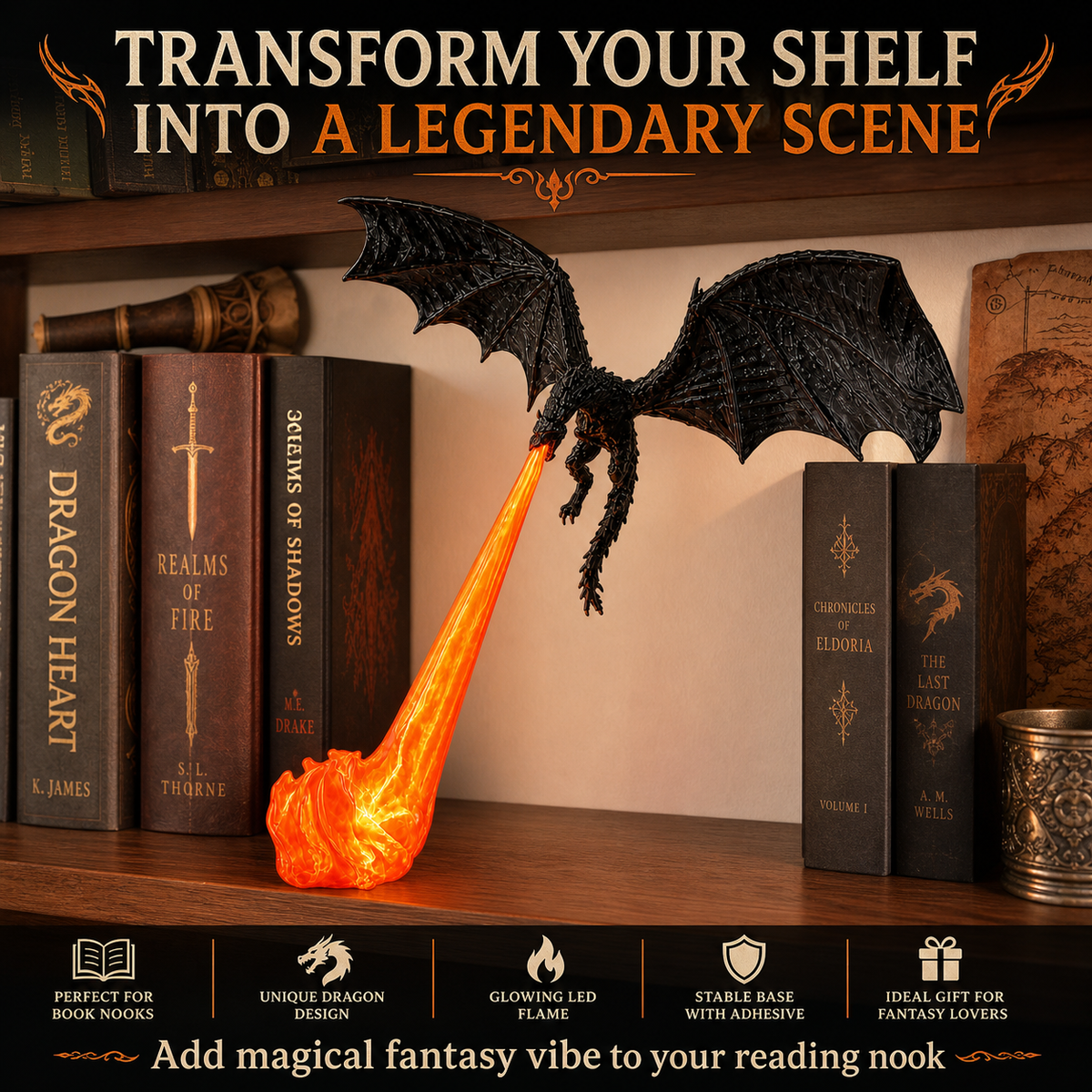 3D Printed Dragon Figurine Shelf Light with Blue Flame