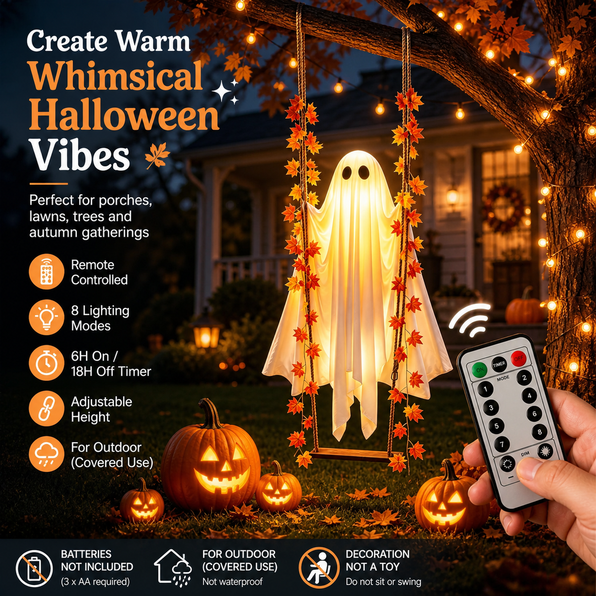 1.2M Hanging Swinging Ghost Halloween Decor