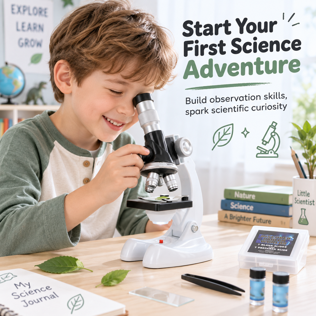 Children's Microscope Set (100x/600x/1200x magnification, equipped with 3 objective lenses)