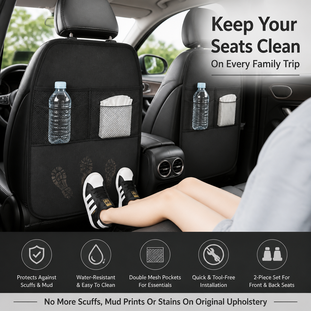 Car rear seat anti-dirty pad, with double mesh bag storage bag 2 pieces in black