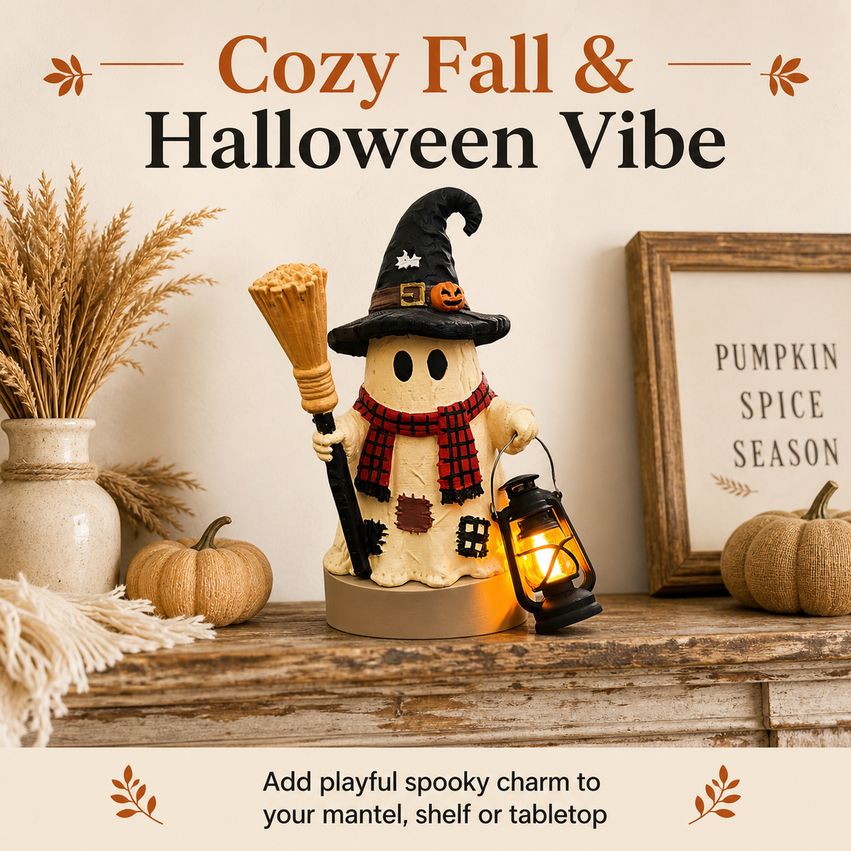 Handmade resin Halloween ghost figurine - with lantern decoration