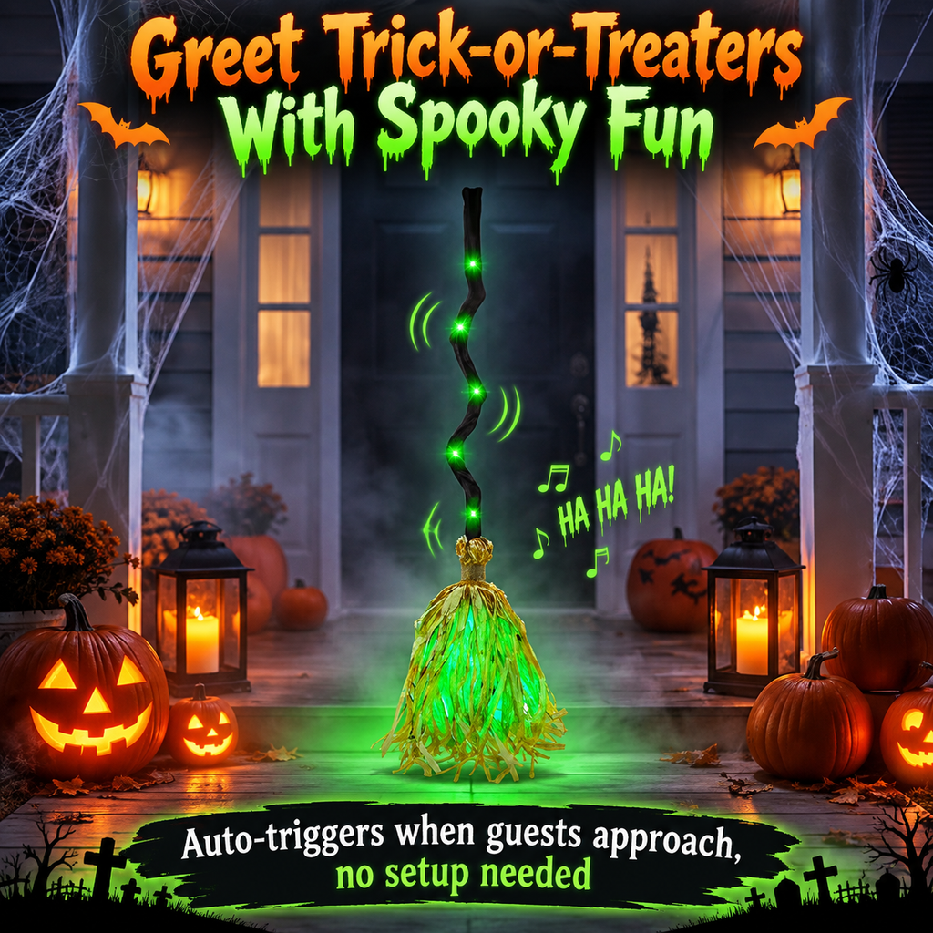 Animated Halloween Broom with Sound and LED Light