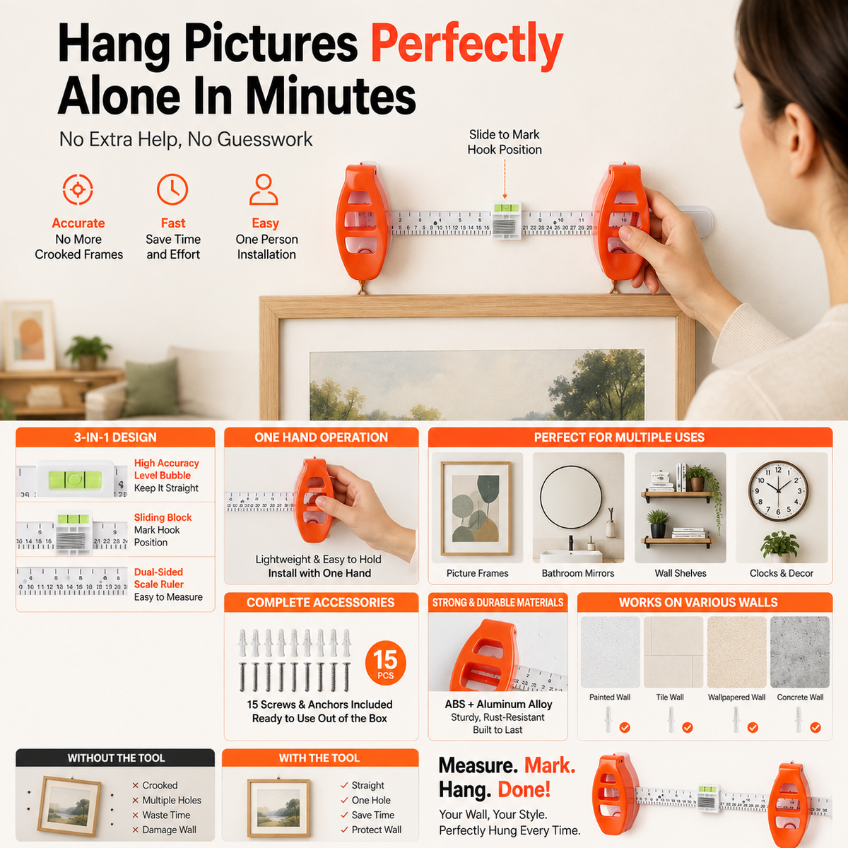 3-in-1 Picture Hanging Tool with Built-in Level