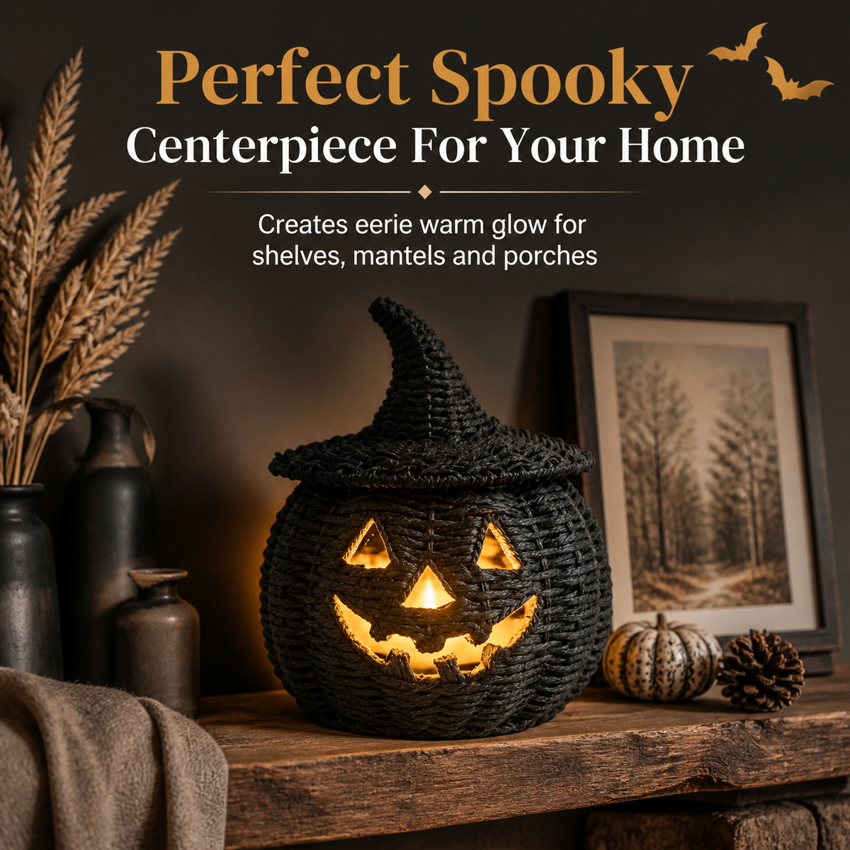 Black resin hollow pumpkin lantern Halloween lantern