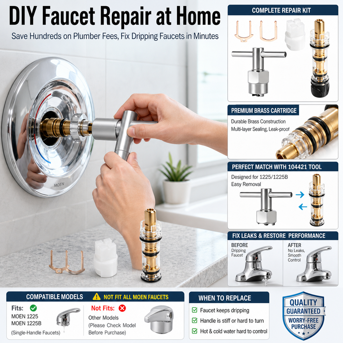 Compatible 1225 Valve Cartridge Replacement Kit (Includes 104421 Removal Tool and Single-Handle Shower Valve Cartridge)