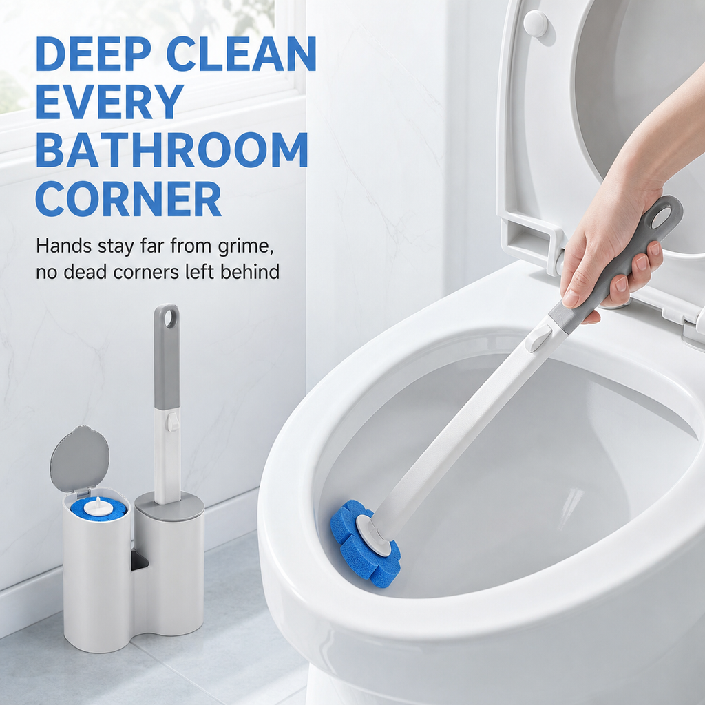 Disposable toilet brush set (2 brush handles + 48 sponge replacement heads + storage base)