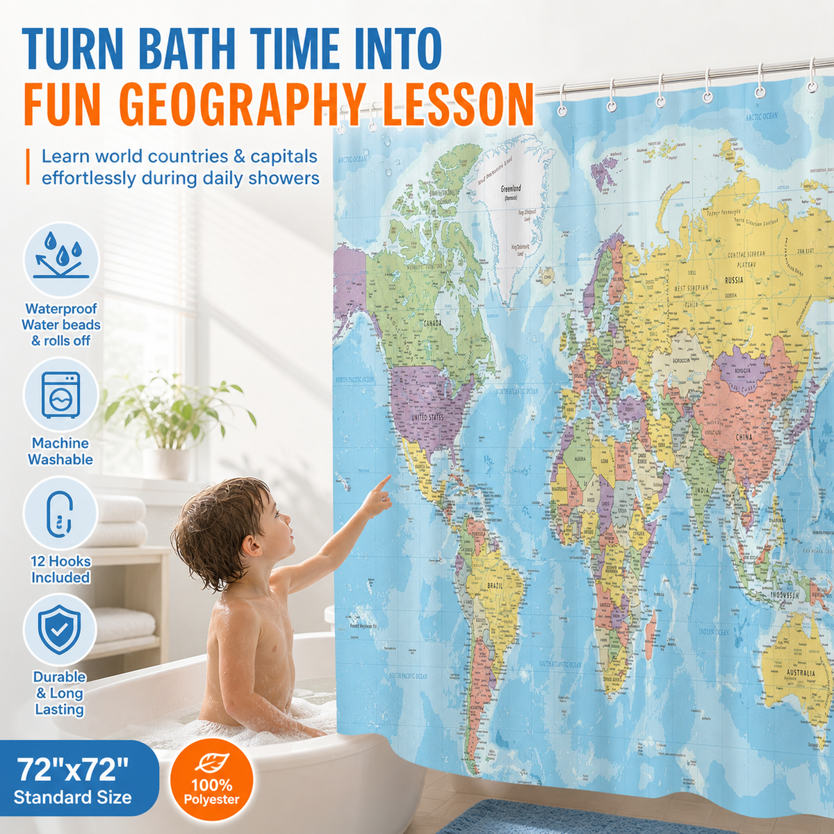 World map shower curtain, 72x72 inches