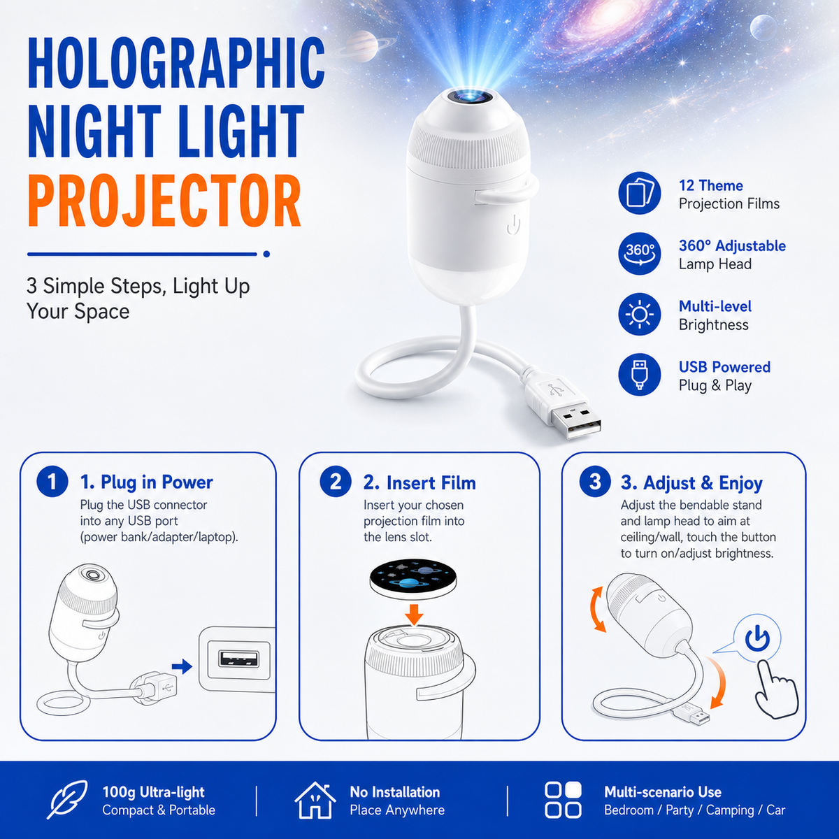 Holographic Galaxy Starry Night Light Projector