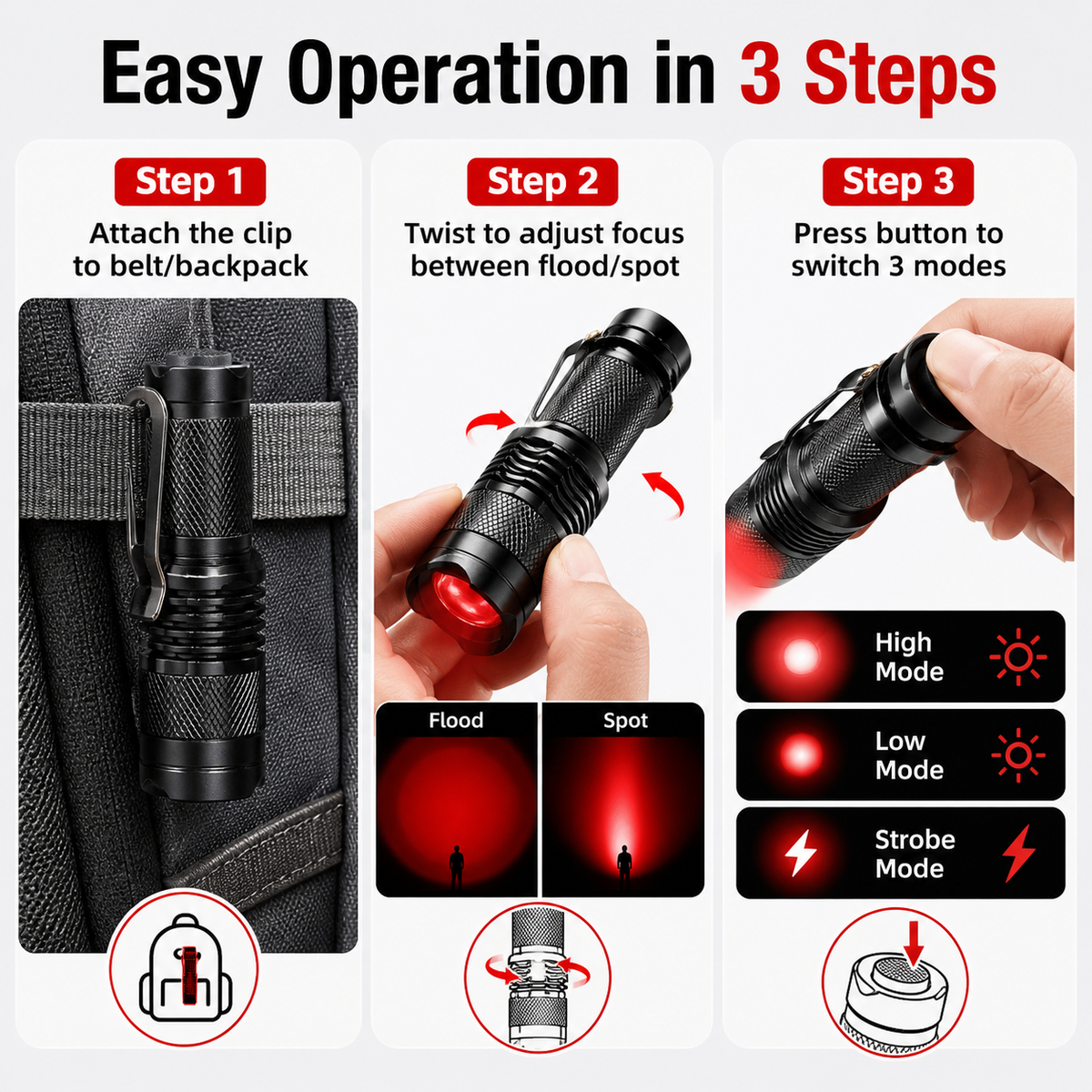 Red LED flashlight with pocket clip, 4-pack.