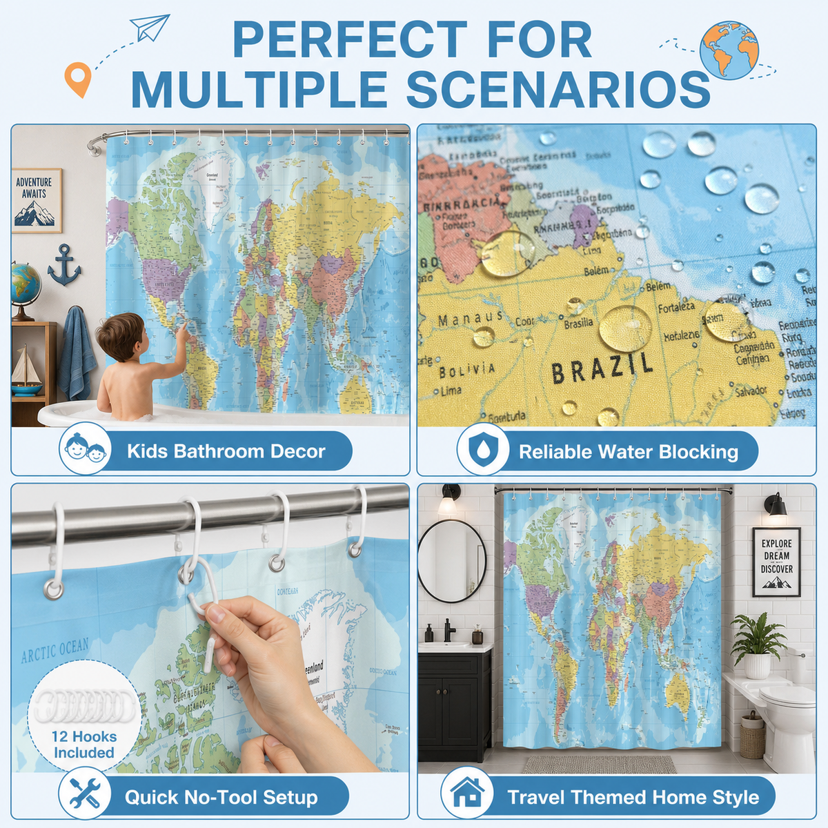 World map shower curtain, 72x72 inches