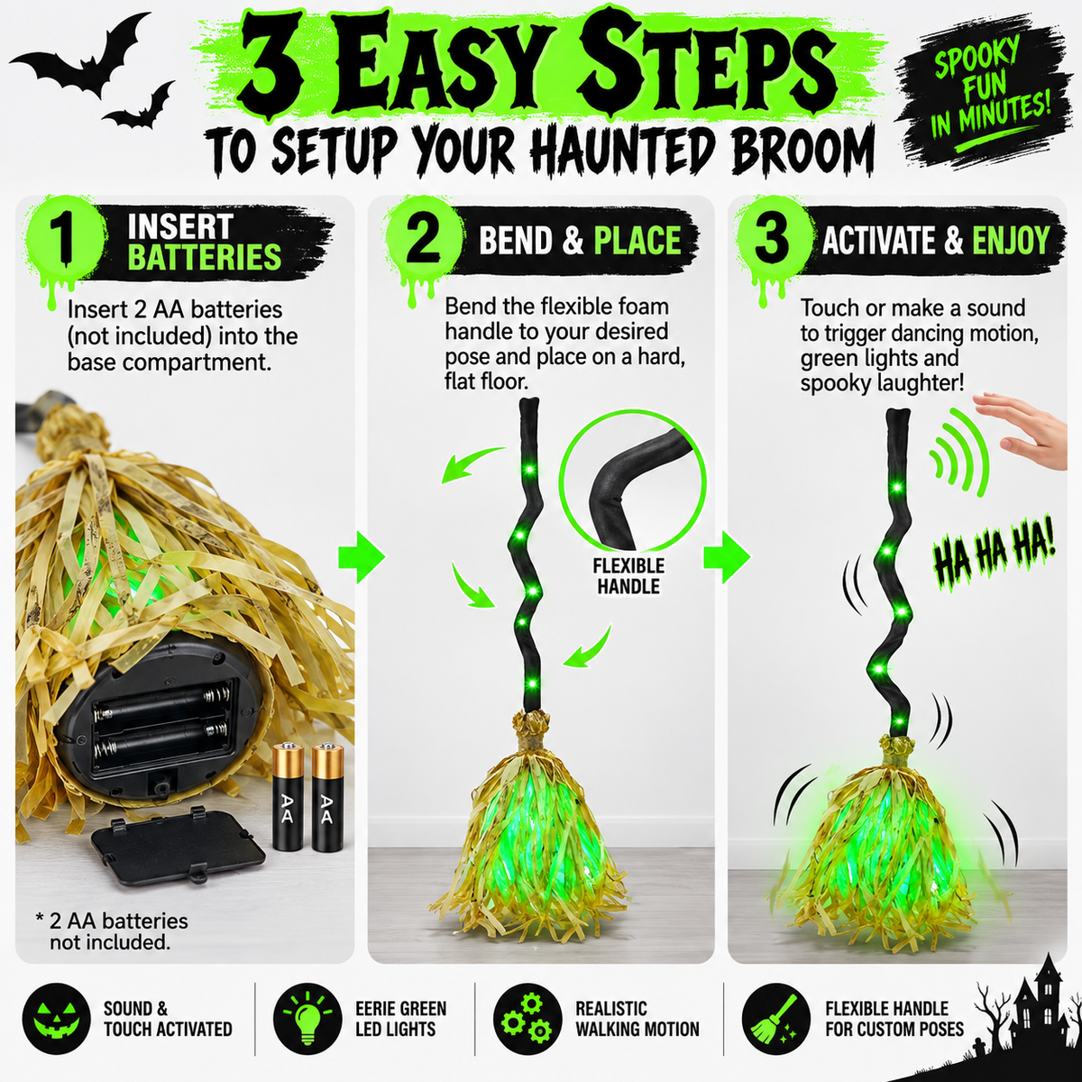 Animated Halloween Broom with Sound and LED Light
