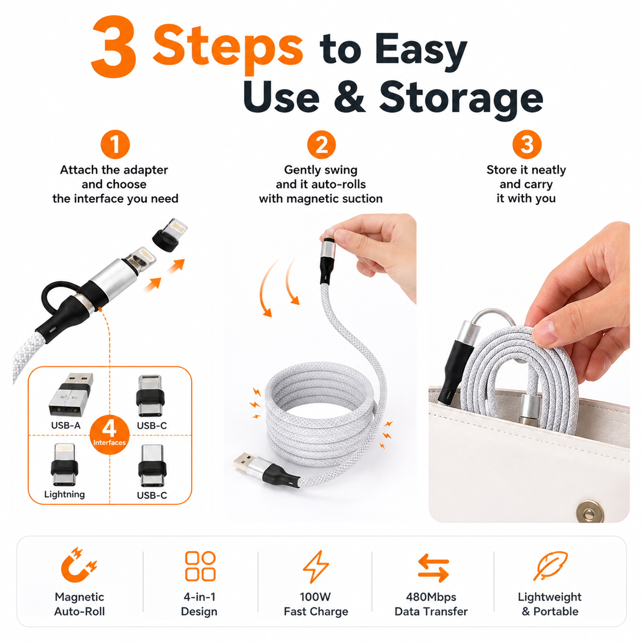 100W 4-in-1 Aluminum Alloy Magnetic Retractable Data Cable