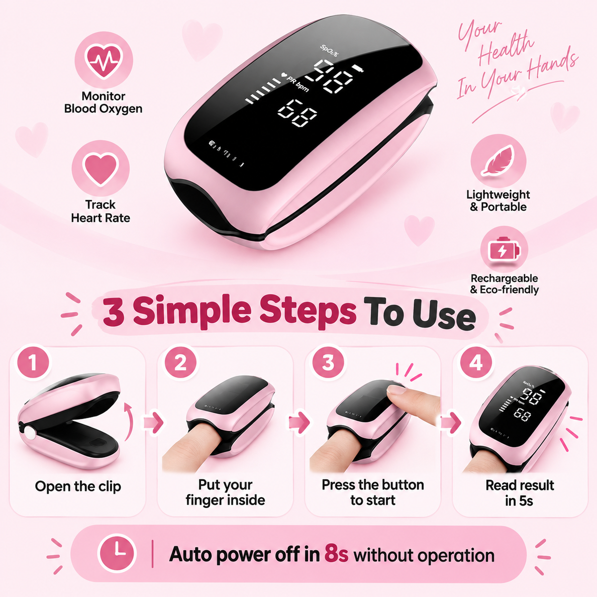 Rechargeable Fingertip Pulse Oximeter for Home Use