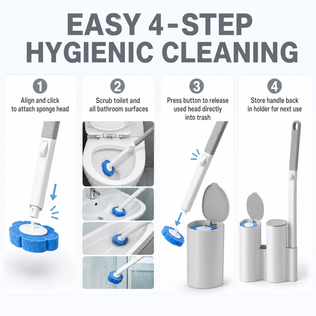 Disposable toilet brush set (2 brush handles + 48 sponge replacement heads + storage base)