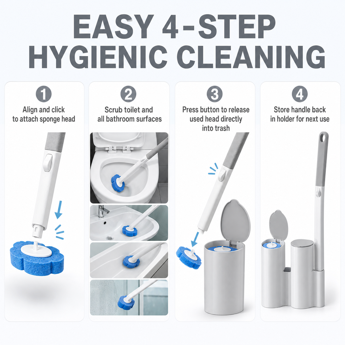 Disposable toilet brush set (2 brush handles + 48 sponge replacement heads + storage base)