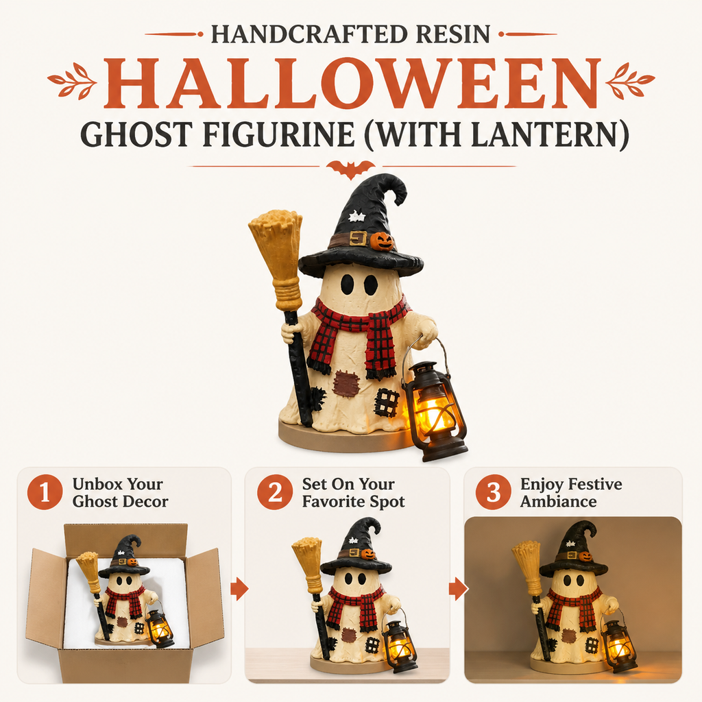 Handmade resin Halloween ghost figurine - with lantern decoration
