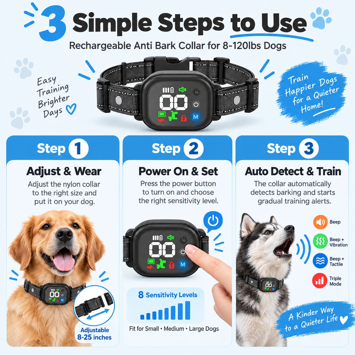 Anti-bark collar: Rechargeable, suitable for dogs weighing 8–120 lbs