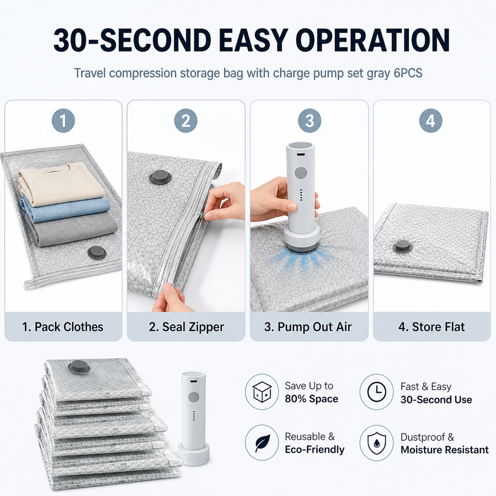 Travel compression storage bag with charge pump set gray 6PCS