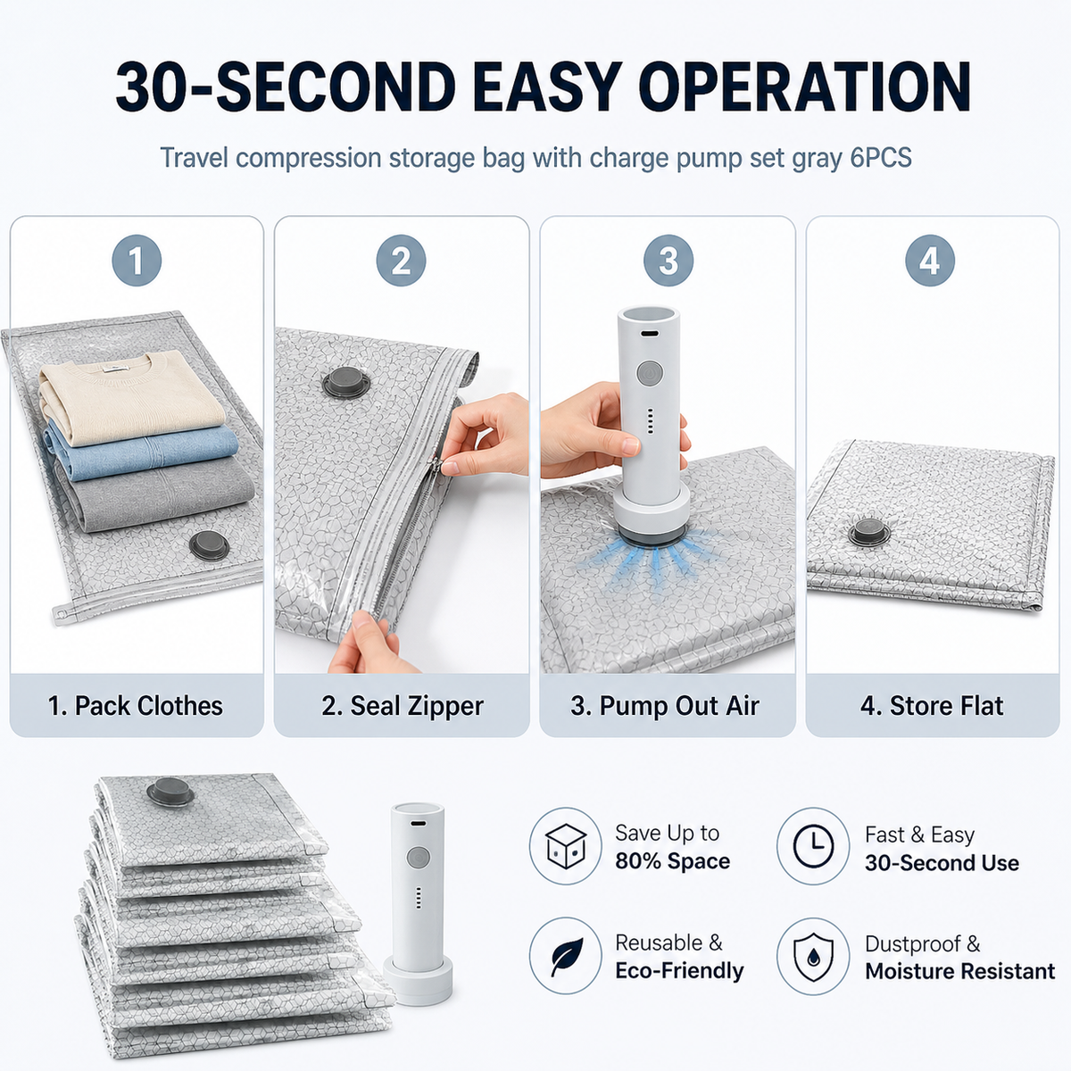 Travel compression storage bag with charge pump set gray 6PCS