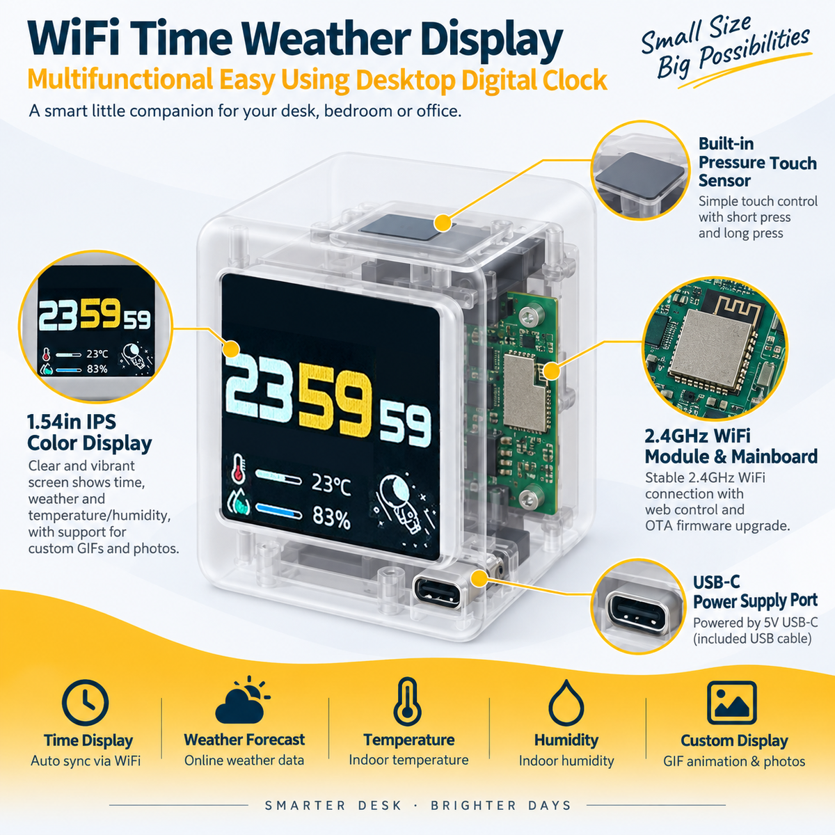 WiFi Time Weather Display Multifunctional Easy Using Desktop Digital Clock