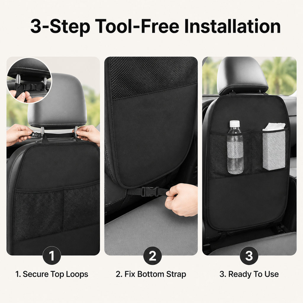 Car rear seat anti-dirty pad, with double mesh bag storage bag 2 pieces in black