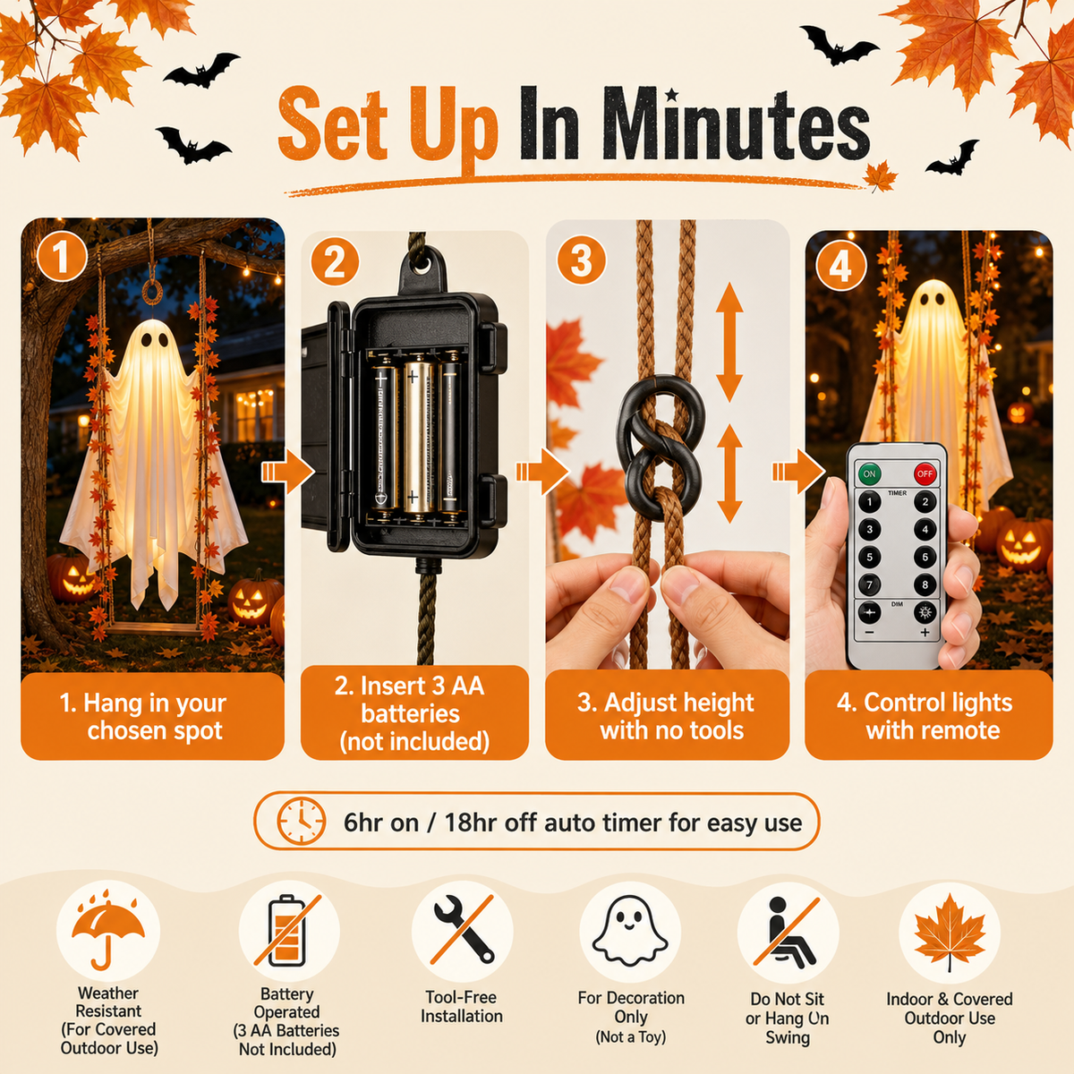 1.2M Hanging Swinging Ghost Halloween Decor