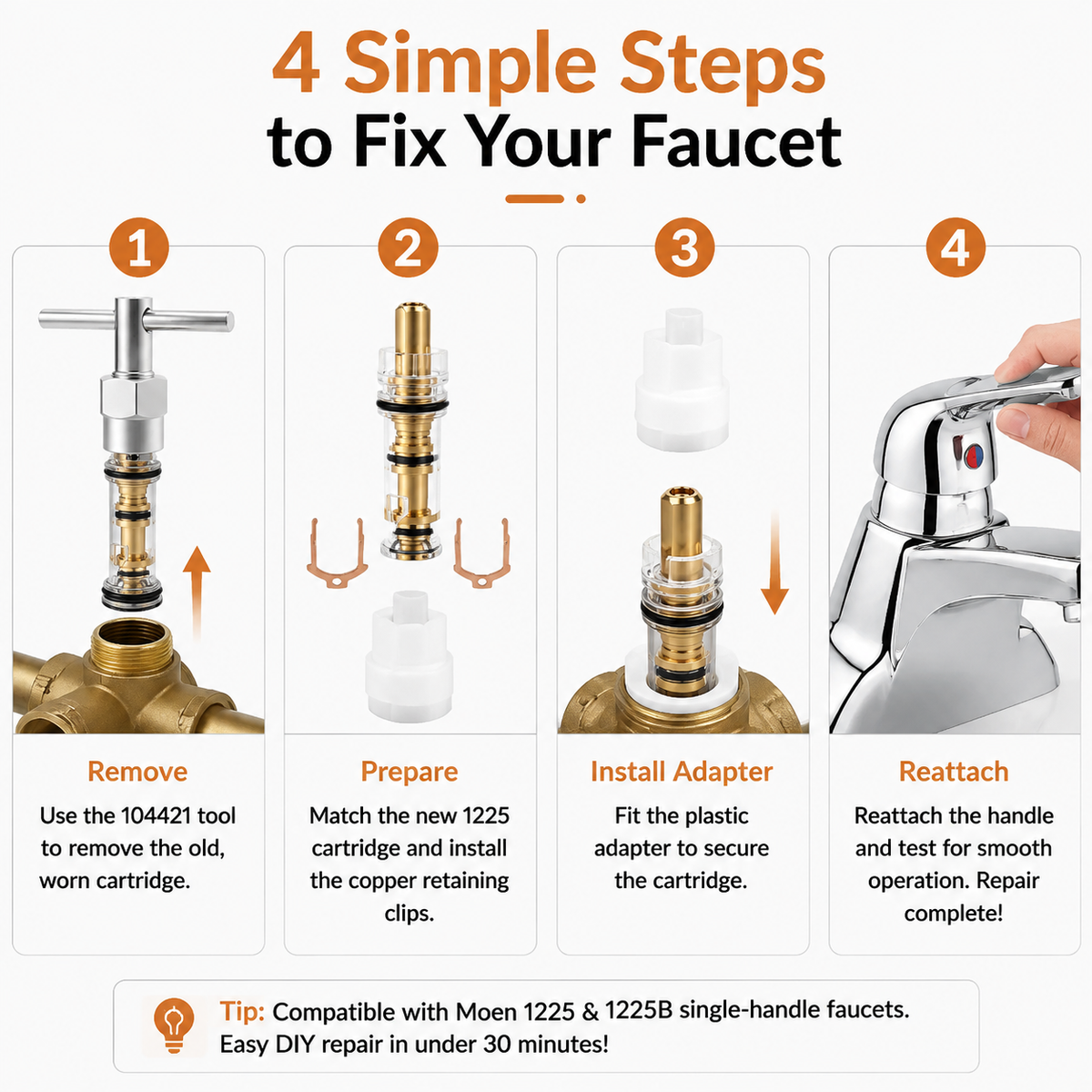 Compatible 1225 Valve Cartridge Replacement Kit (Includes 104421 Removal Tool and Single-Handle Shower Valve Cartridge)