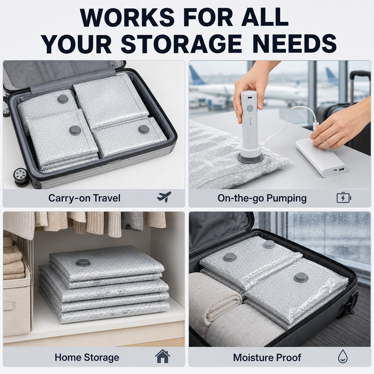 Travel compression storage bag with charge pump set gray 6PCS