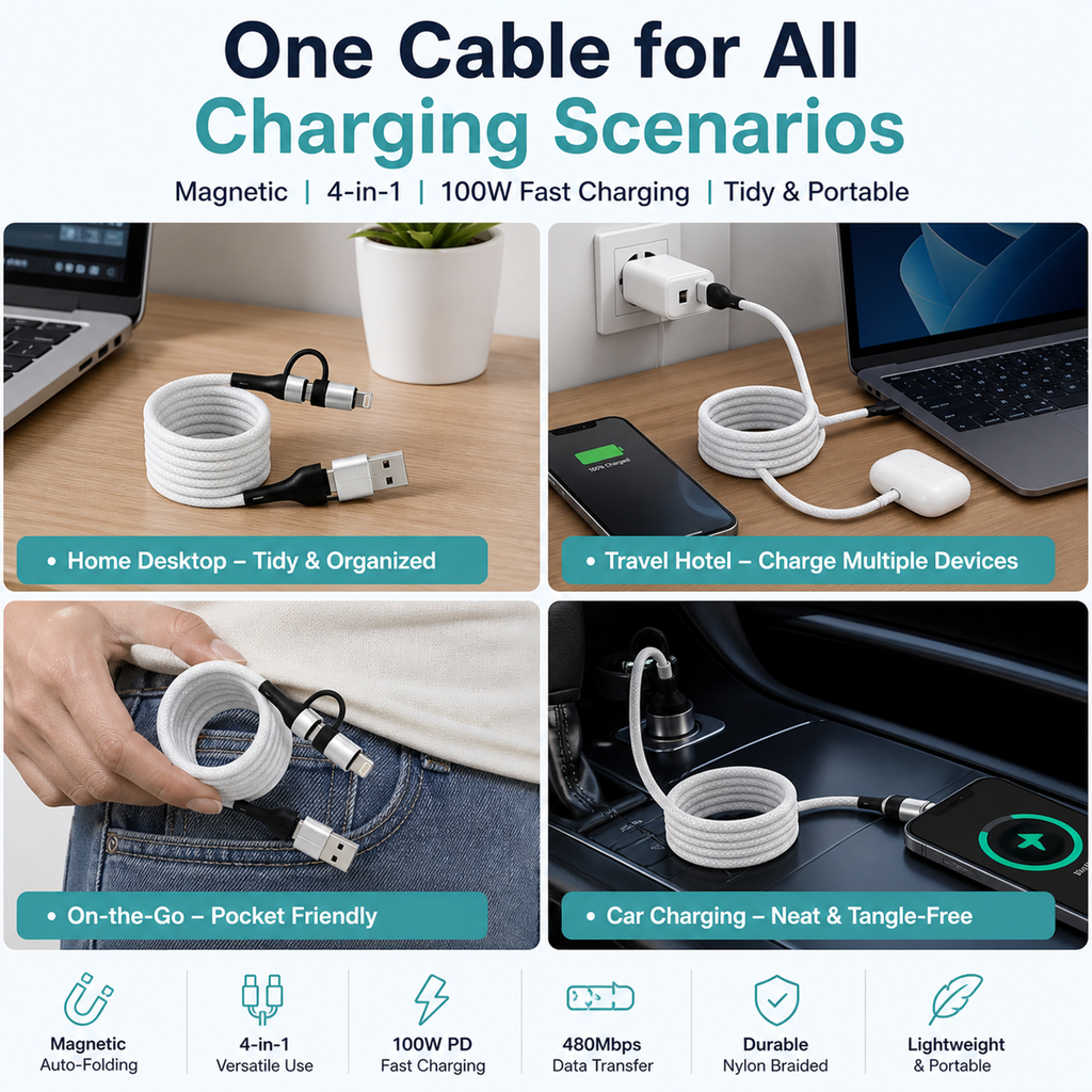 100W 4-in-1 Aluminum Alloy Magnetic Retractable Data Cable