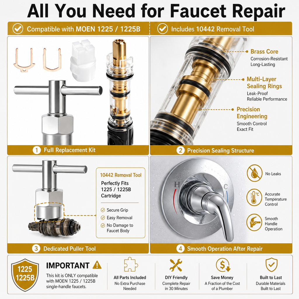 Compatible 1225 Valve Cartridge Replacement Kit (Includes 104421 Removal Tool and Single-Handle Shower Valve Cartridge)