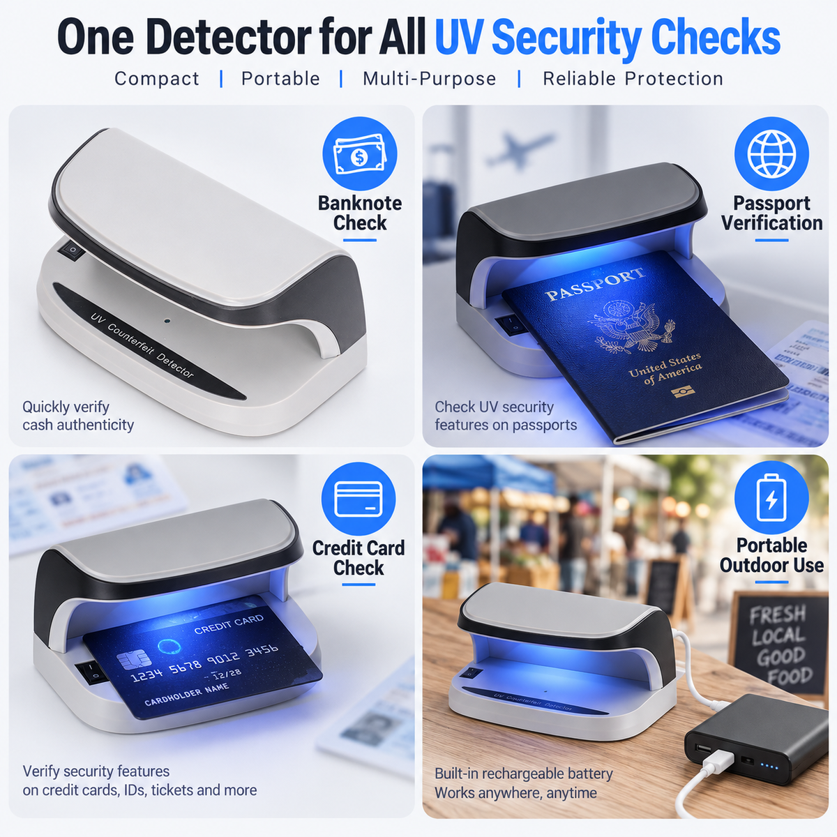 UV Banknote Detector — Supports verification of checks, passports, and credit cards
