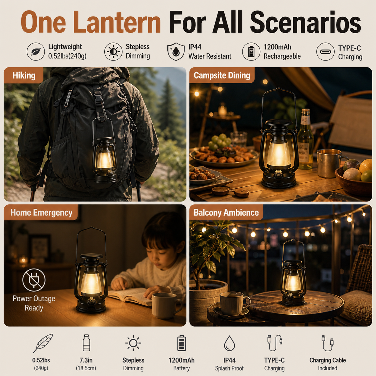 Vintage-style Dimmable LED Camping Lantern
