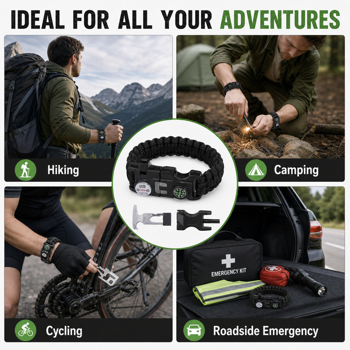 Multifunctional survival bracelet (includes fire starter, whistle, compass, LED light, and tool card), 2PCS