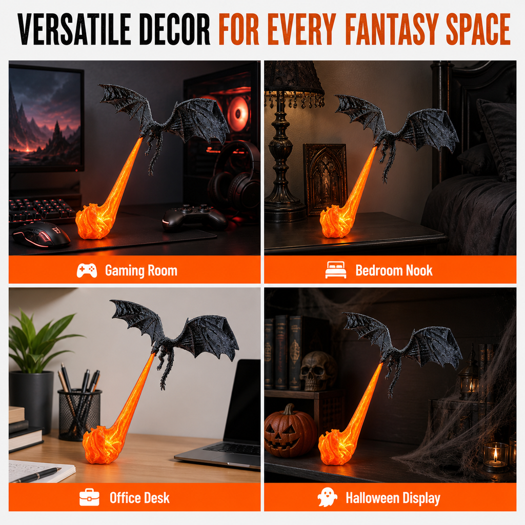 3D Printed Dragon Figurine Shelf Light with Blue Flame