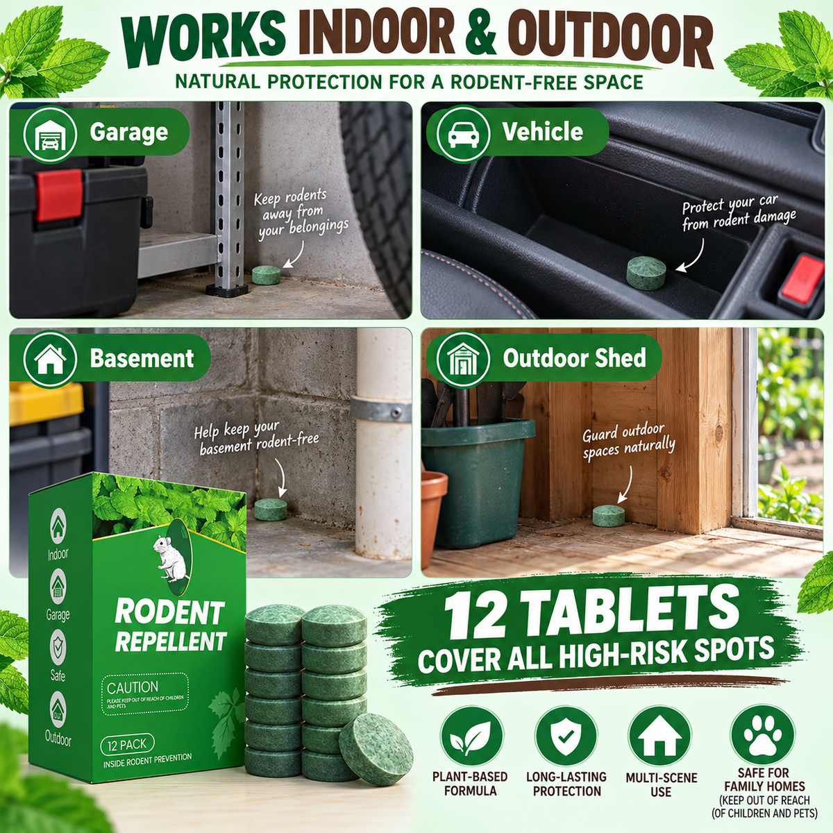 12 Packs of Natural Rodent Repellent (Containing Camphor and Peppermint Oil)