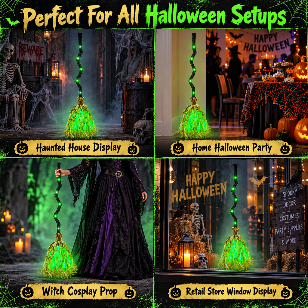 Animated Halloween Broom with Sound and LED Light