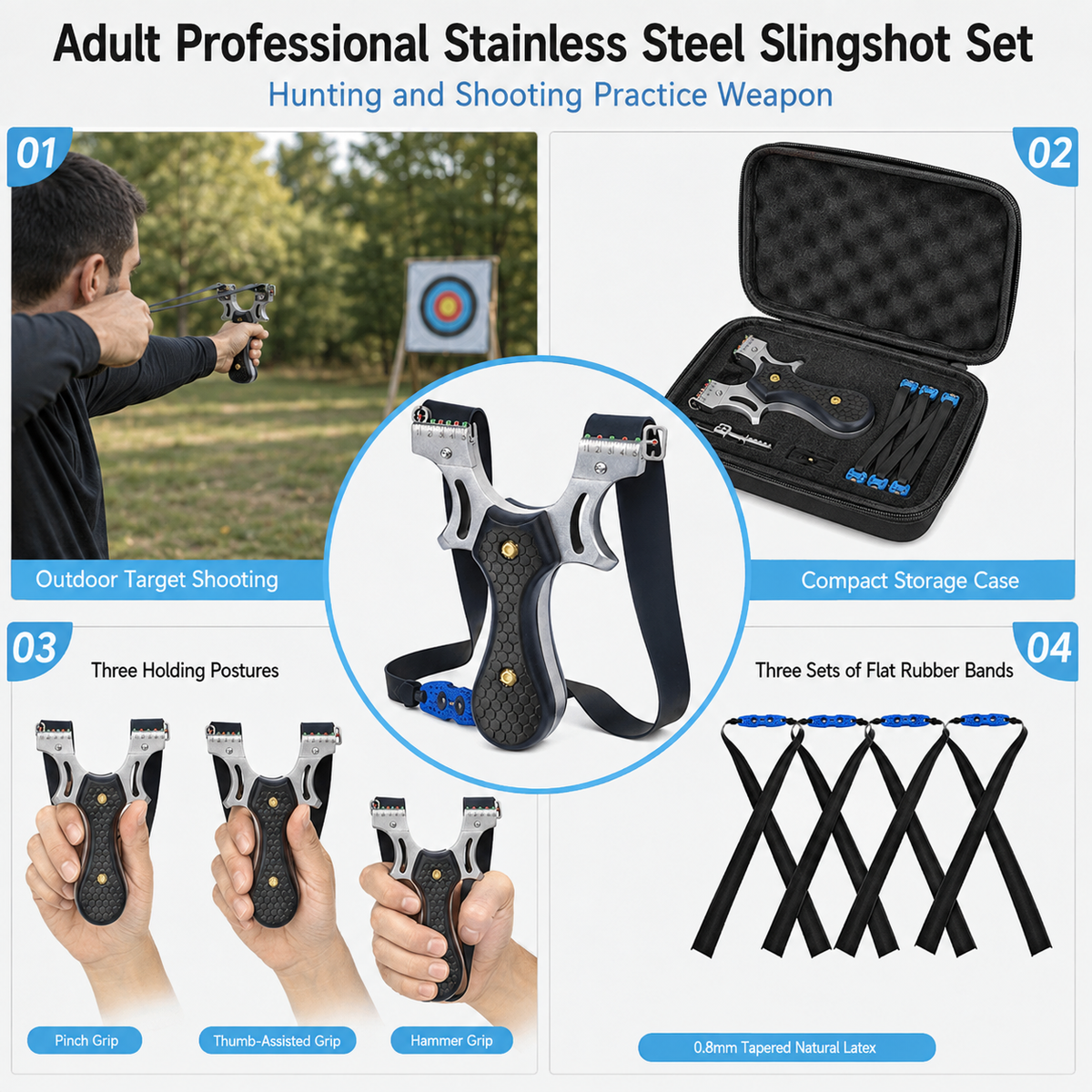 Stainless Steel Slingshot Set with Rubber Bands and Box
