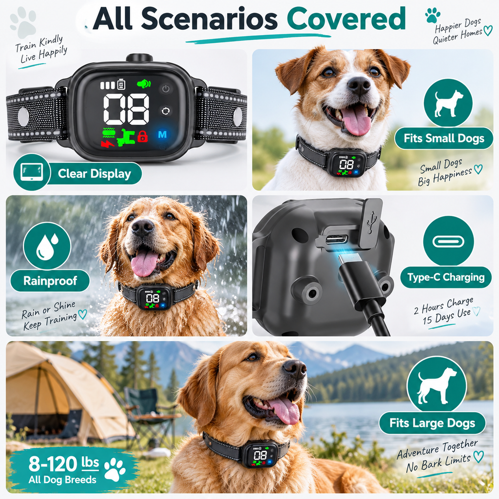 Anti-bark collar: Rechargeable, suitable for dogs weighing 8–120 lbs