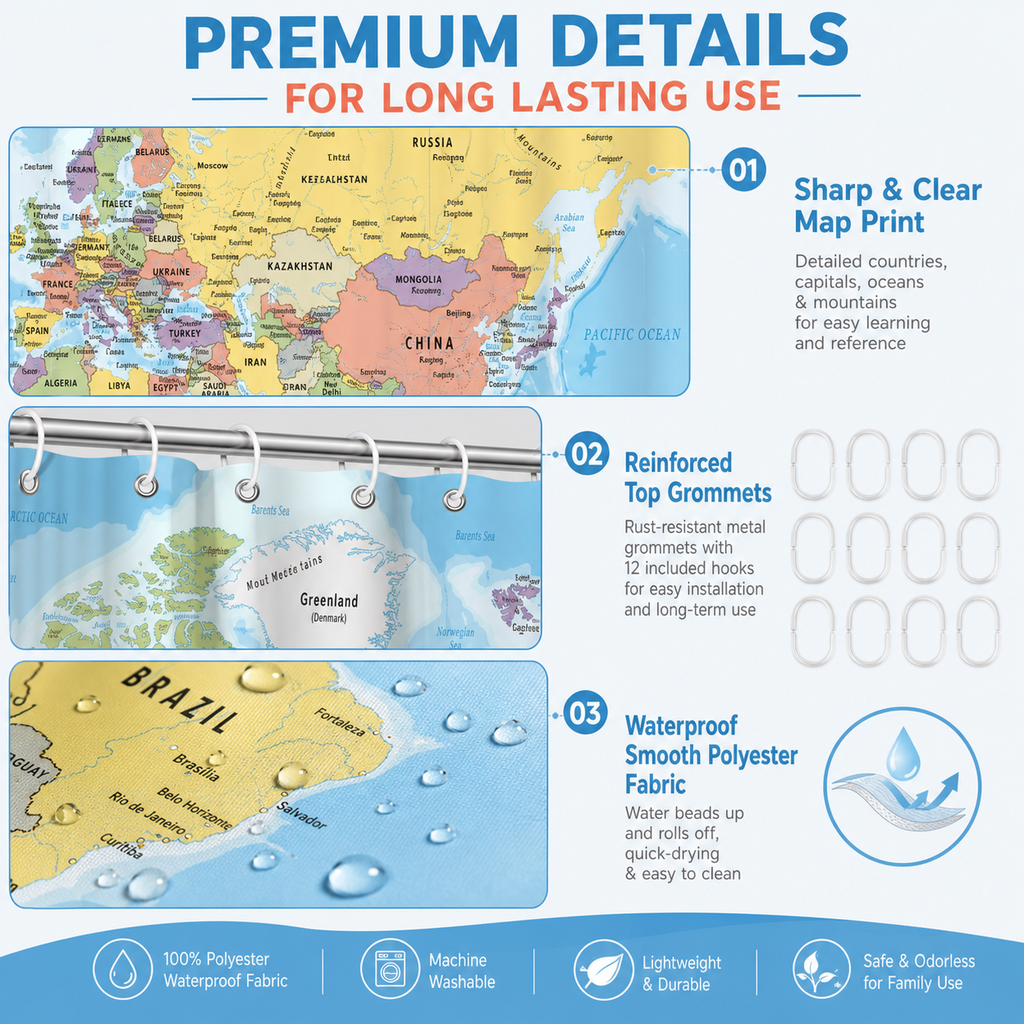 World map shower curtain, 72x72 inches