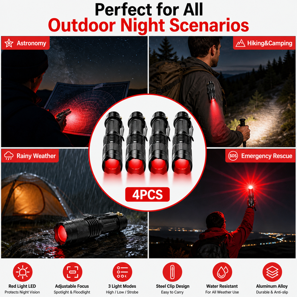 Red LED flashlight with pocket clip, 4-pack.