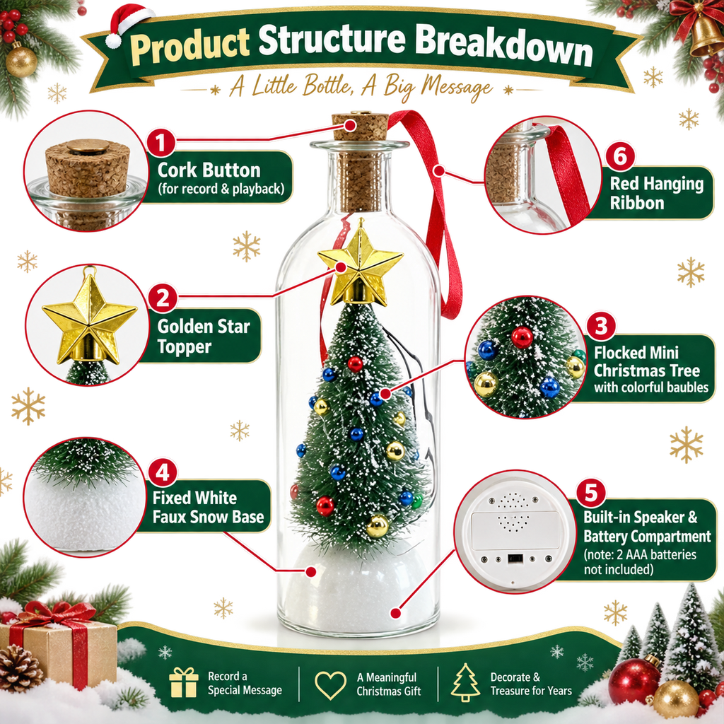 Christmas Tree-Shaped "Message in a Bottle" Voice-Recording Keepsake Ornament