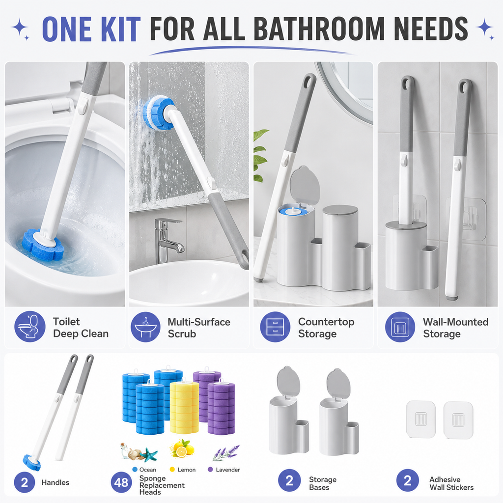 Disposable toilet brush set (2 brush handles + 48 sponge replacement heads + storage base)