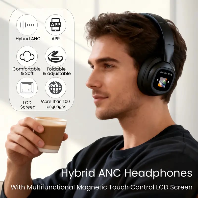🎧 Bluetooth LCD Touchscreen ANC Headphones with DIY Wallpapers & Smart Features