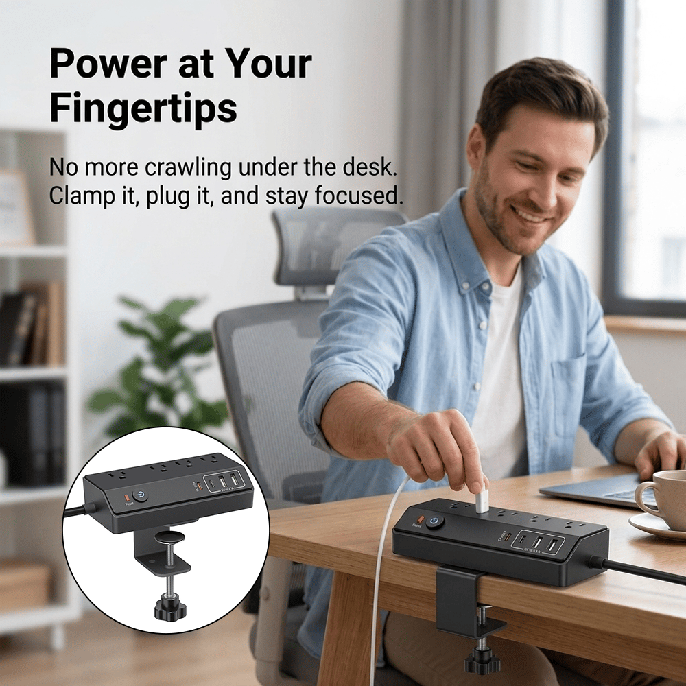 Space-Saving Clamp-on Power Strip 🔌 8/12-Port Desktop Edge Charging Station – Secure Grip Mounting with Surge Protection 💻