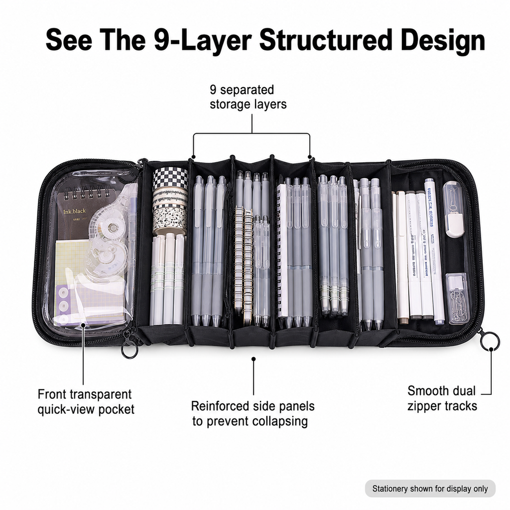 Large-capacity 9-layer transparent pencil case