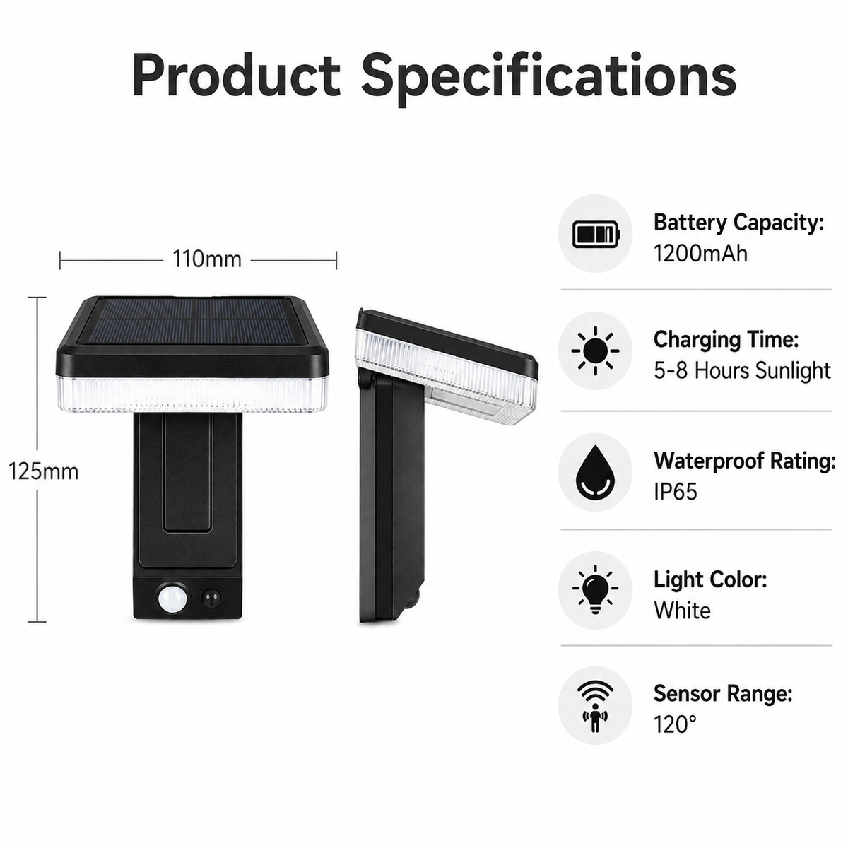 Solar Rechargeable Wall Lamp Sensor Light Waterproof IP65 Outdoor