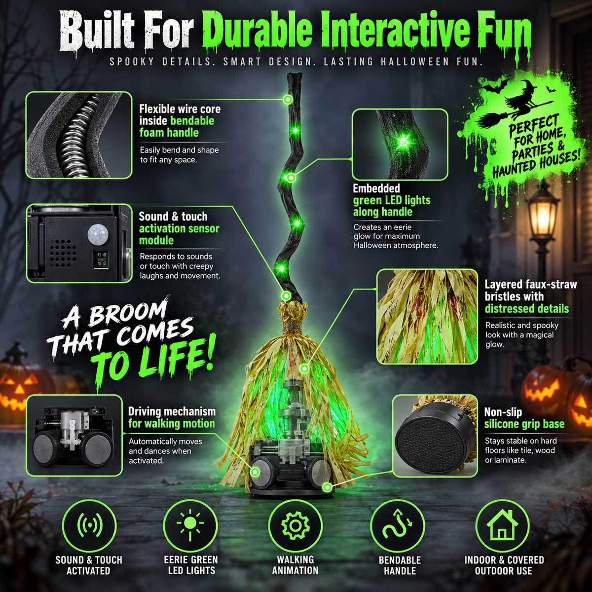 Animated Halloween Broom with Sound and LED Light