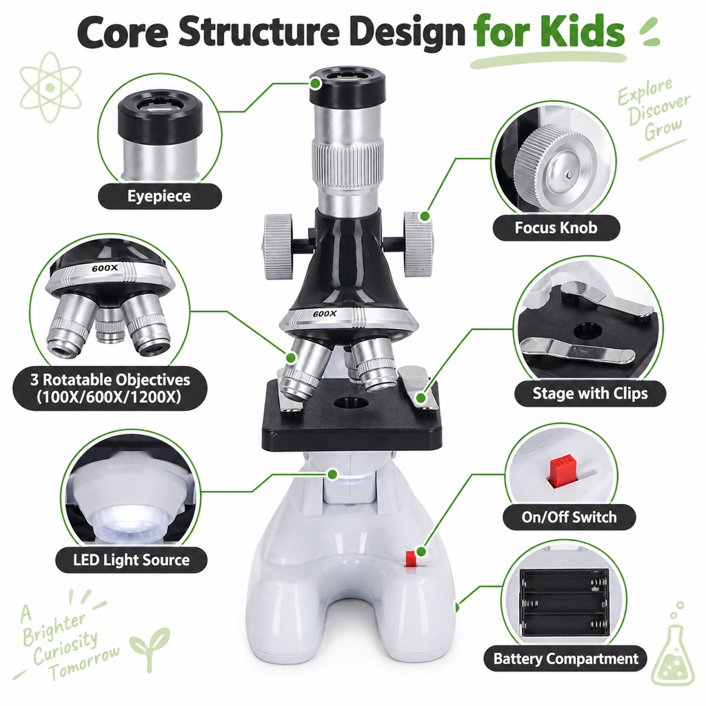 Children's Microscope Set (100x/600x/1200x magnification, equipped with 3 objective lenses)