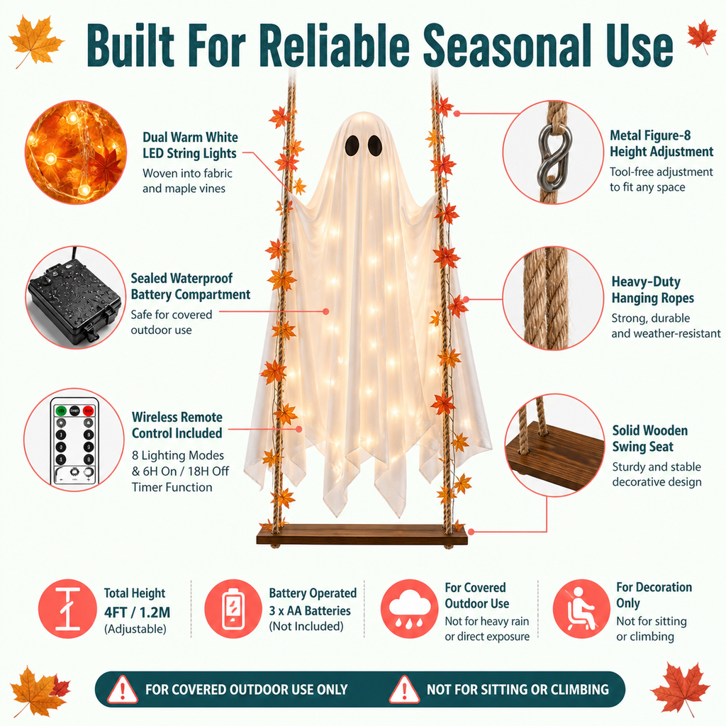 1.2M Hanging Swinging Ghost Halloween Decor